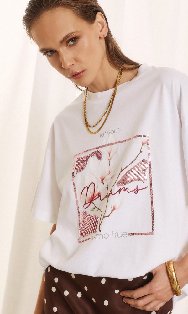Λευκό T-Shirt Με Παγιέτα Και Floral Print
