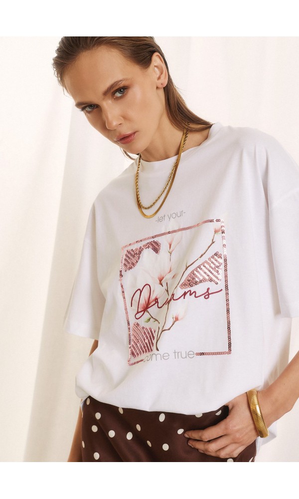 Λευκό T-Shirt Με Παγιέτα Και Floral Print