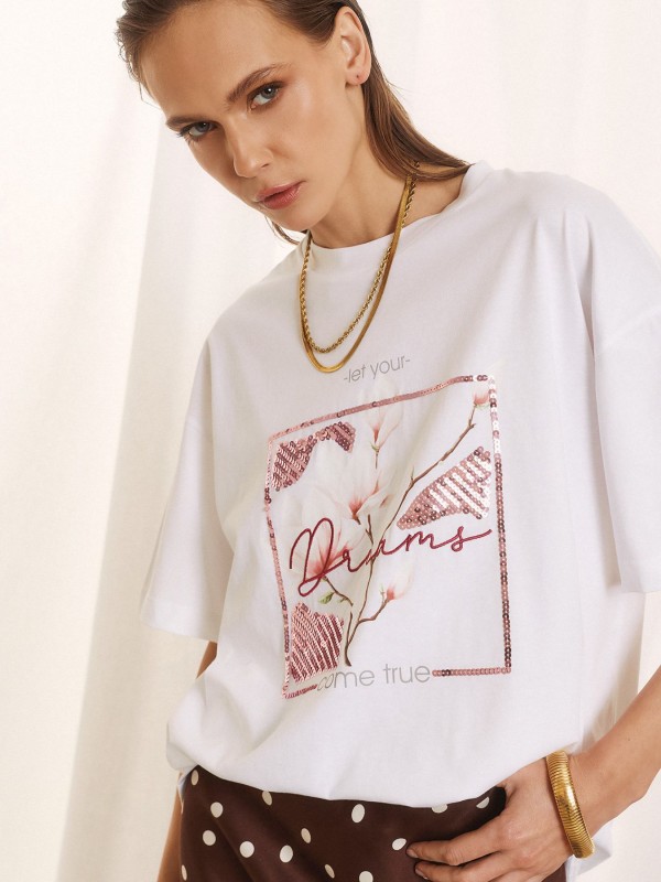 White T-Shirt with Sequins and Floral Print