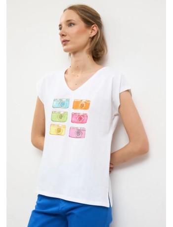 Λευκό T-shirt με Πολύχρωμο Print Κάμερες