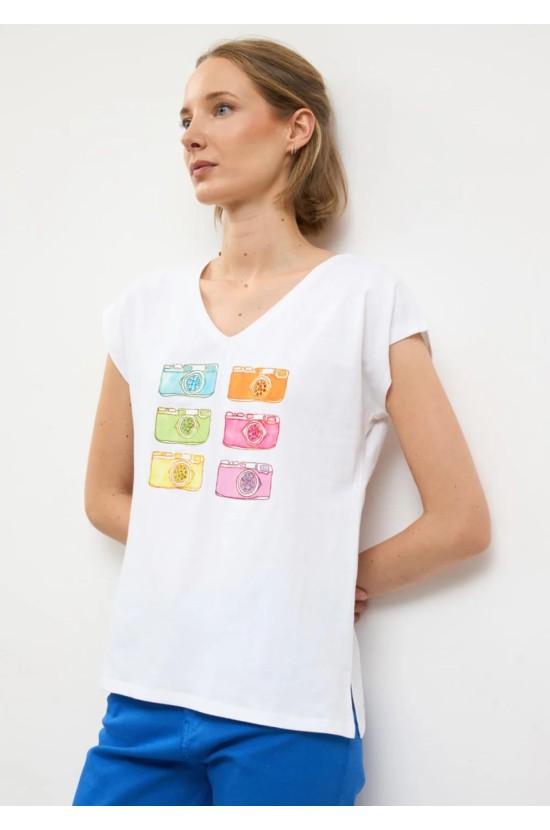 Λευκό T-shirt με Πολύχρωμο Print Κάμερες