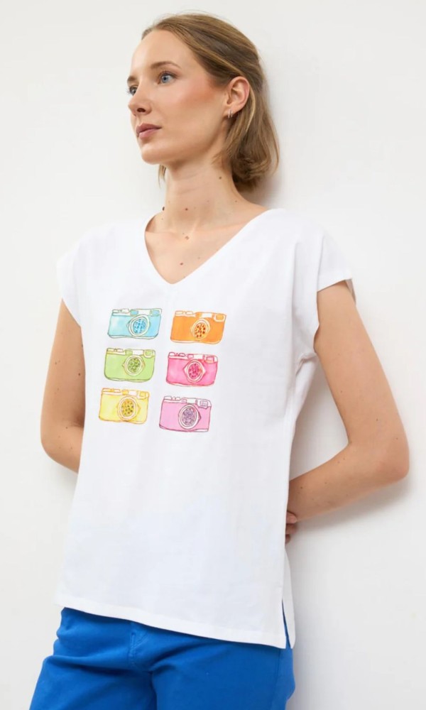 Λευκό T-shirt με Πολύχρωμο Print Κάμερες