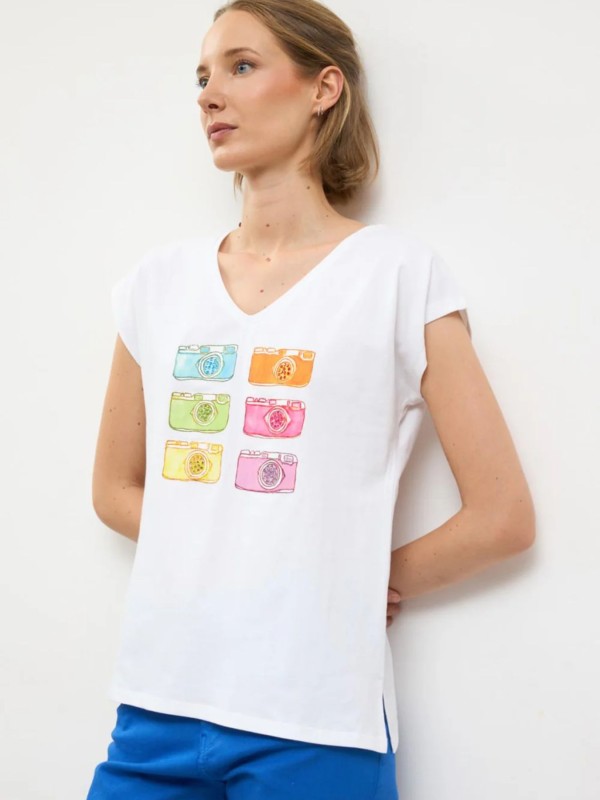 Λευκό T-shirt με Πολύχρωμο Print Κάμερες