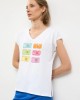 Λευκό T-shirt με Πολύχρωμο Print Κάμερες