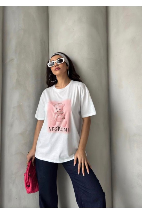 Λευκό T-shirt  με Ροζ Αρκουδάκι και Πέτρες