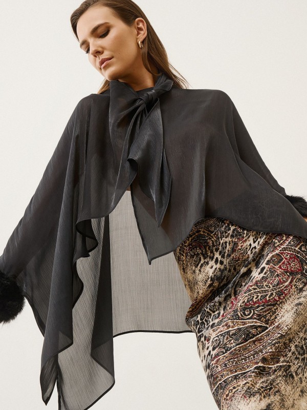 Black Airy Tunic With Fur Detail