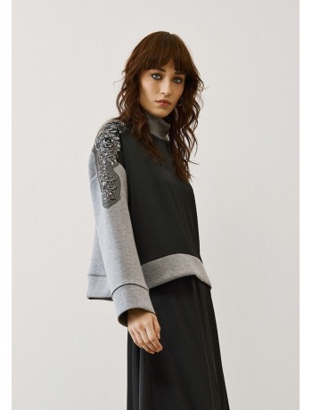 Black-Gray Blouse With Embroidery on the Shoulders