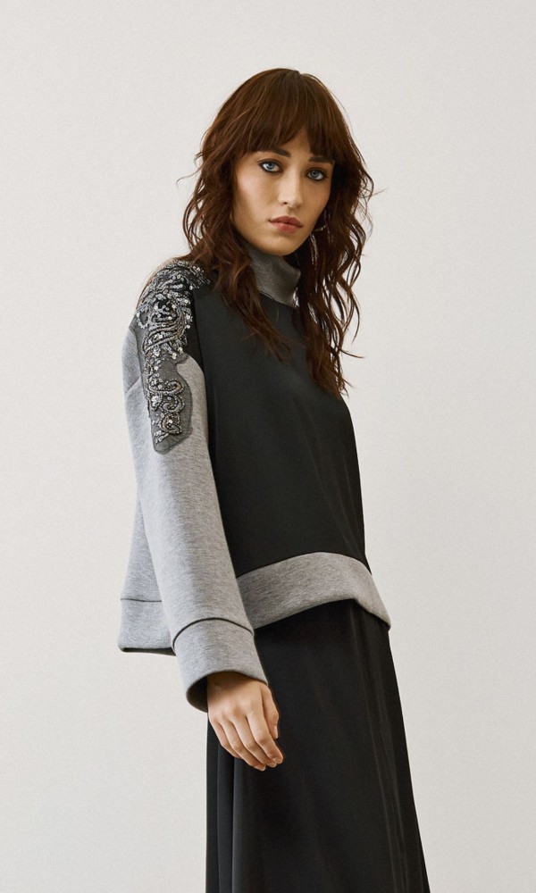 Black-Gray Blouse With Embroidery on the Shoulders