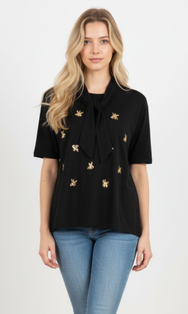 Μαύρη Μπλούζα Με Δέσιμο & Χρυσές Κεντημένες Λεπτομέρειες