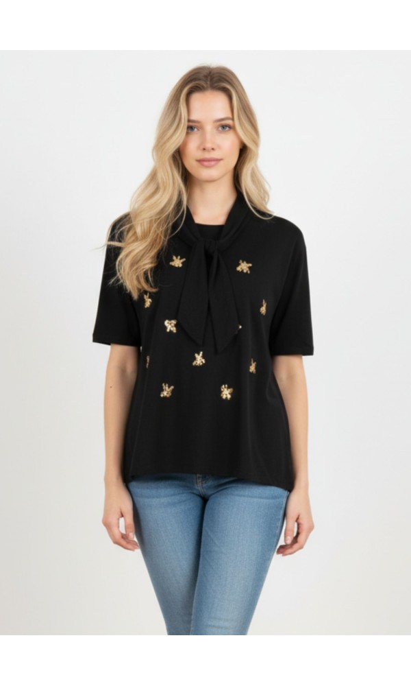 Μαύρη Μπλούζα Με Δέσιμο & Χρυσές Κεντημένες Λεπτομέρειες
