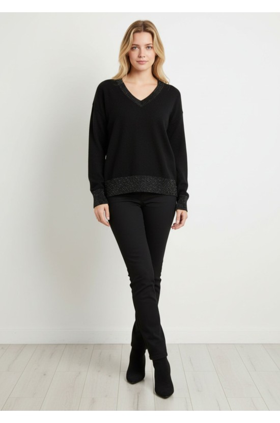 Black Knitted Blouse With V Neck & Shiny Details Black Knitted Blouse With V Neck & Shiny Details