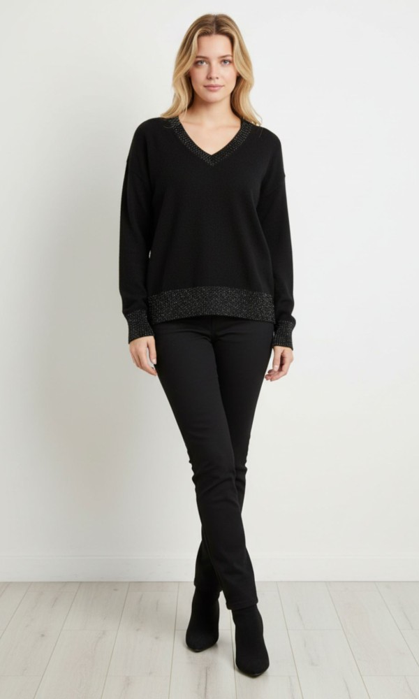 Μαύρη Πλεκτή Μπλούζα Με V Λαιμό & Λαμπερές Λεπτομέρειες