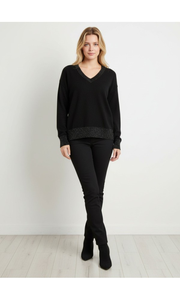 Μαύρη Πλεκτή Μπλούζα Με V Λαιμό & Λαμπερές Λεπτομέρειες