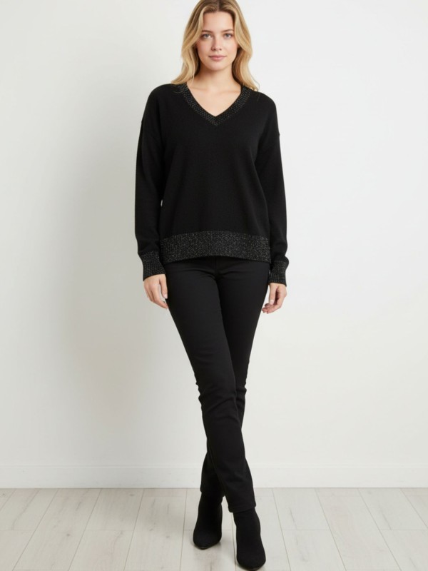 Black Knitted Blouse With V Neck & Shiny Details