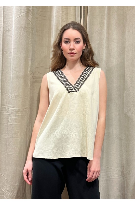 Sleeveless Blouse Ecru with V and embroidery