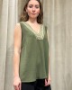 Sleeveless Olive Blouse with V and embroidery