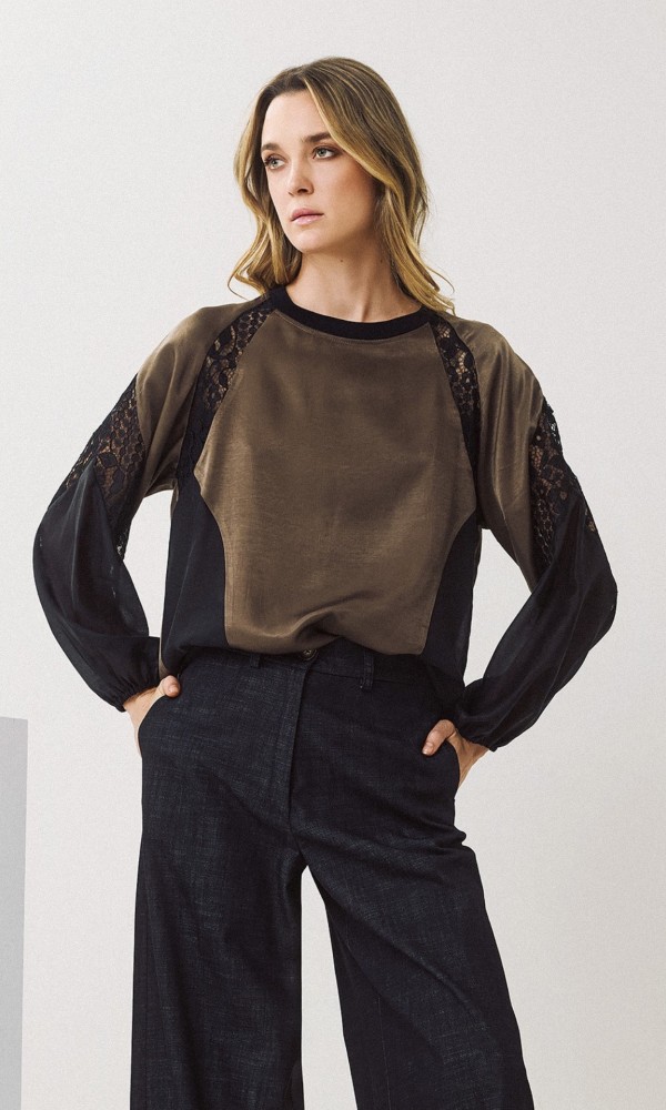 Khaki and Black Blouse with Lace