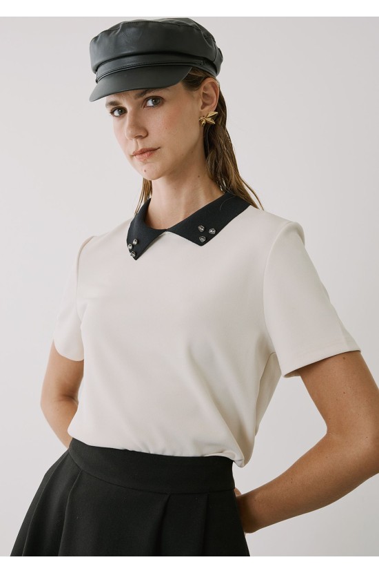 Ecru Short Sleeve Blouse with Collar