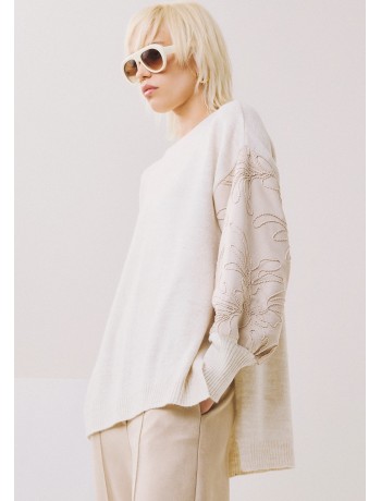 Ecru Blouse with Embossed Sleeves