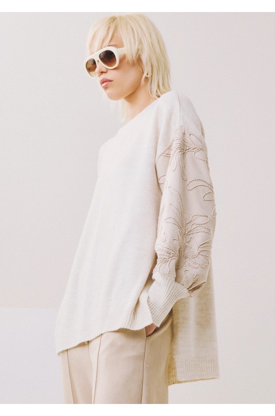 Ecru Blouse with Embossed Sleeves