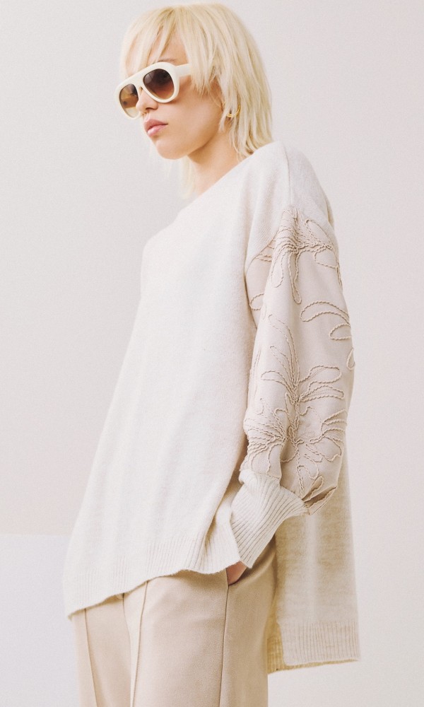 Ecru Blouse with Embossed Sleeves