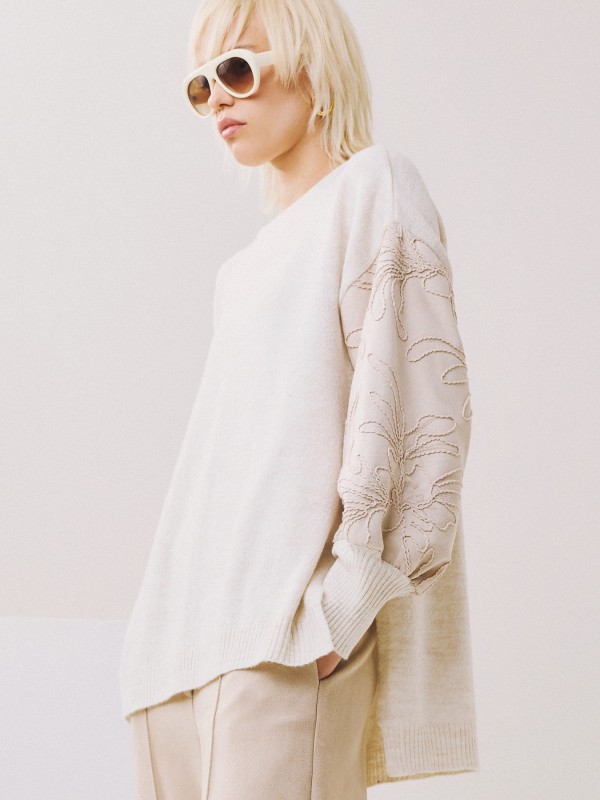 Ecru Blouse with Embossed Sleeves