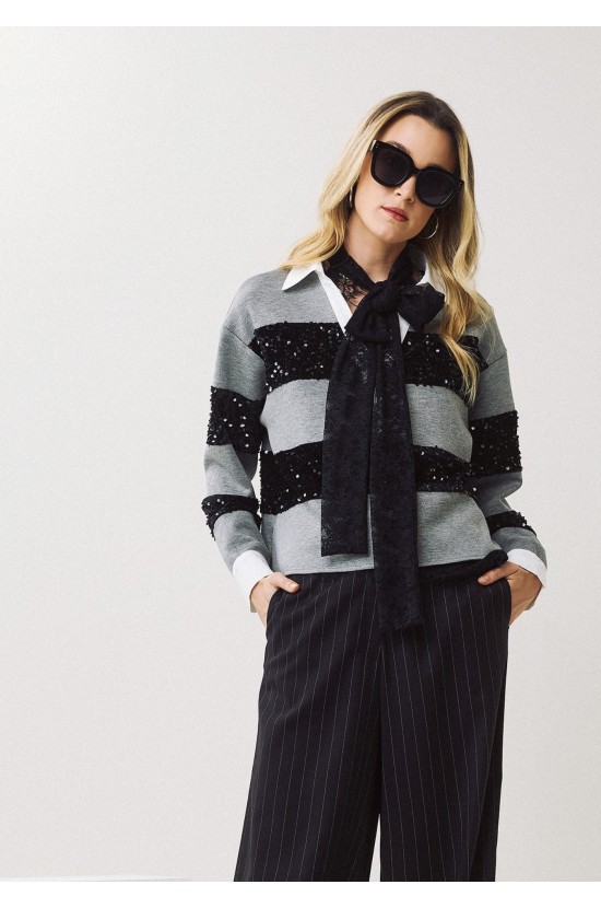 Gray Blouse with Black Sequins and Stripes Gray Blouse with Black Sequins and Stripes