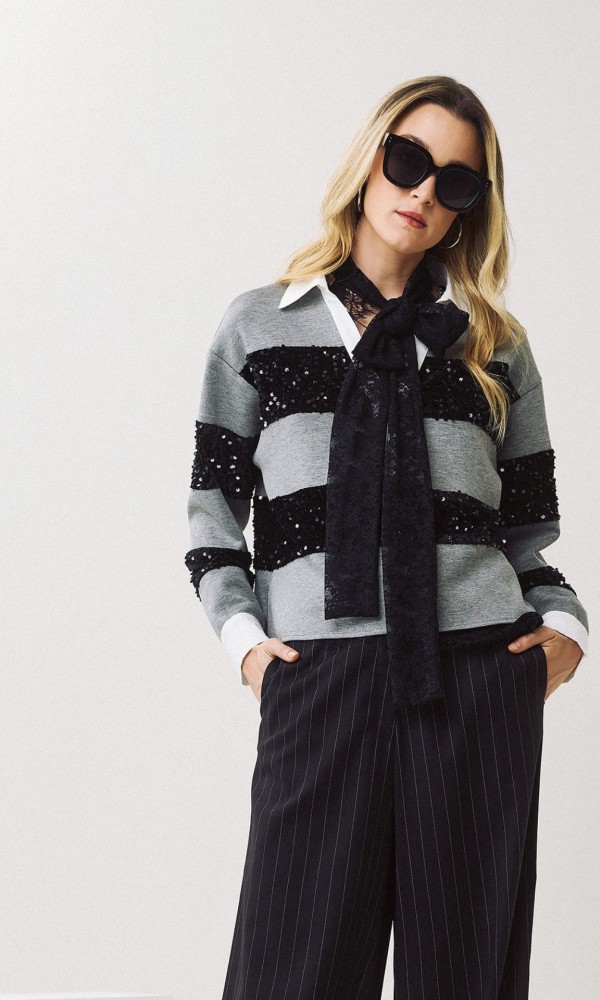 Gray Blouse with Black Sequins and Stripes
