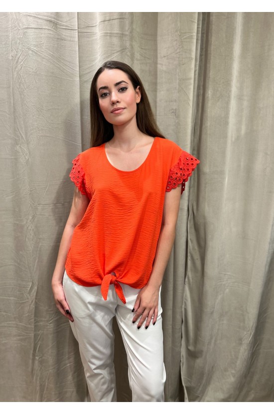 Coral Blouse With Design On Sleeve