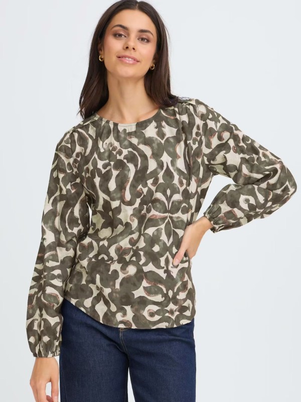 Olive-Green Blouse with an Embroidered Design