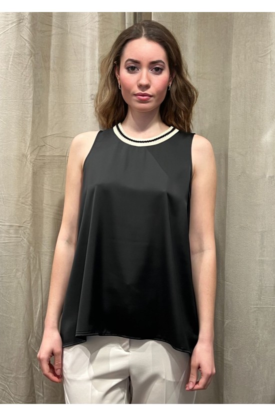 Black Sleeveless Satin Blouse with Embroidery