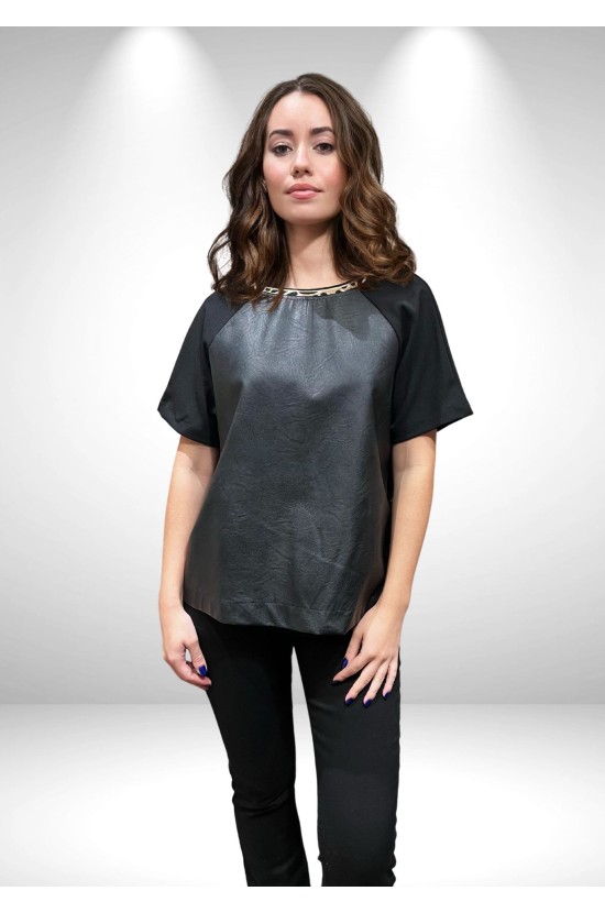 Black Leatherette Blouse with Animal