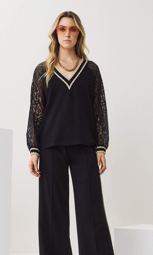Black Blouse with Lace and Gold Details