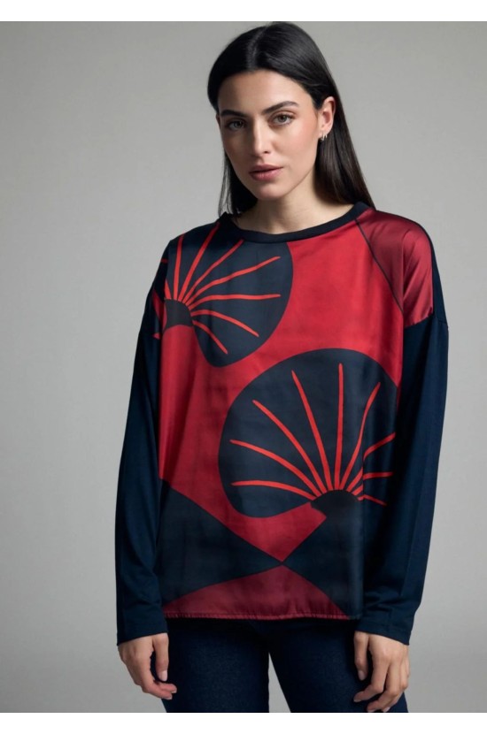 Μπλούζα Με Abstract Print – Μπλε/Κόκκινο