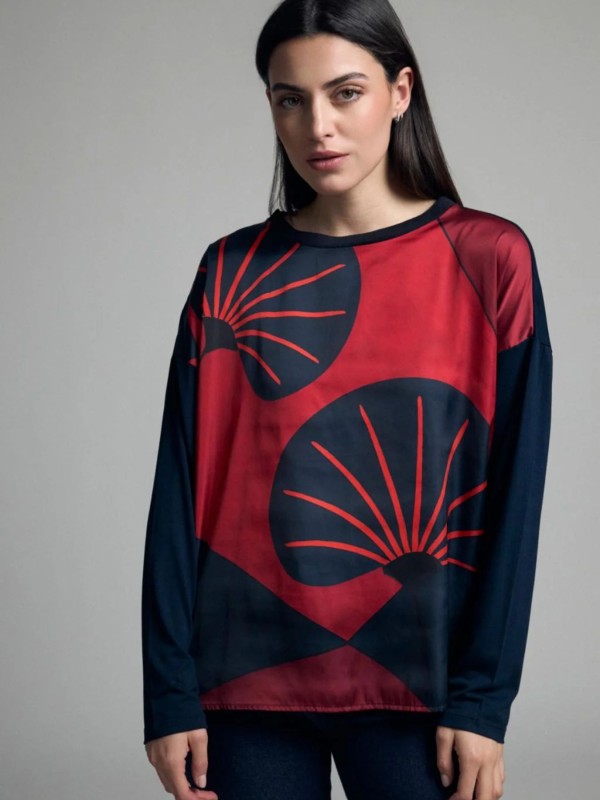 Blouse with Abstract Print – Blue/Red