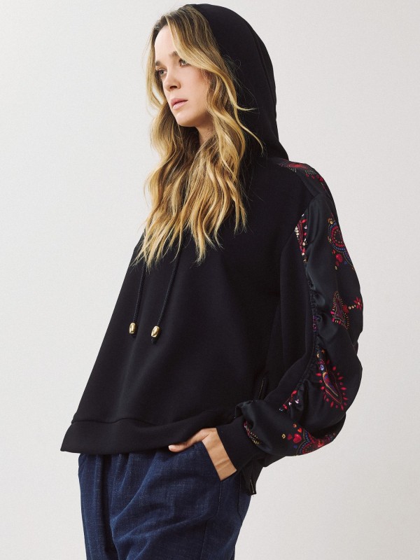 Hooded Sweatshirt with Printed Sleeves