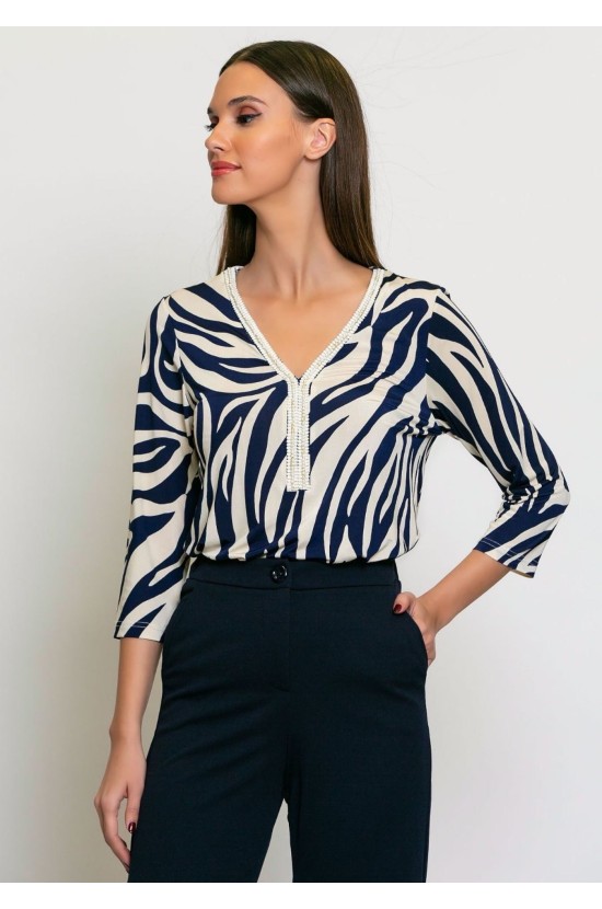 Blouse With V Blue Shapes Print