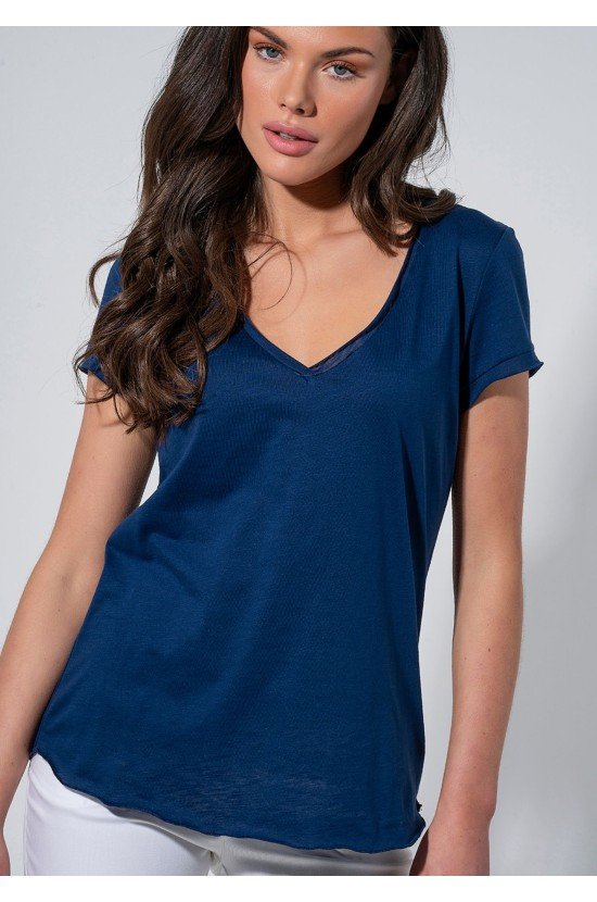 Blue Blouse with V and Short Sleeves