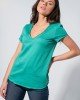 Green blouse with V and short sleeves.