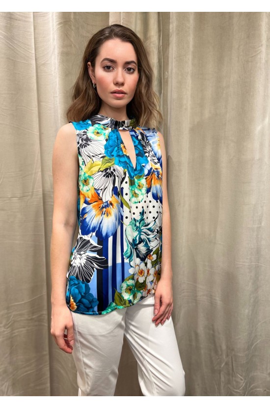 Satin Blouse With Blue Flowers