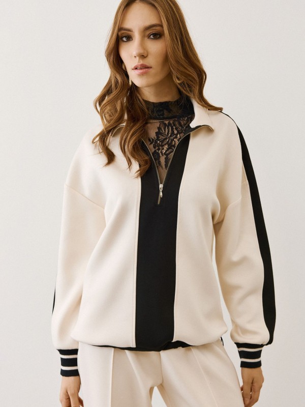 Μπλούζα με Ρίγες Αντίθεσης & Φερμουάρ