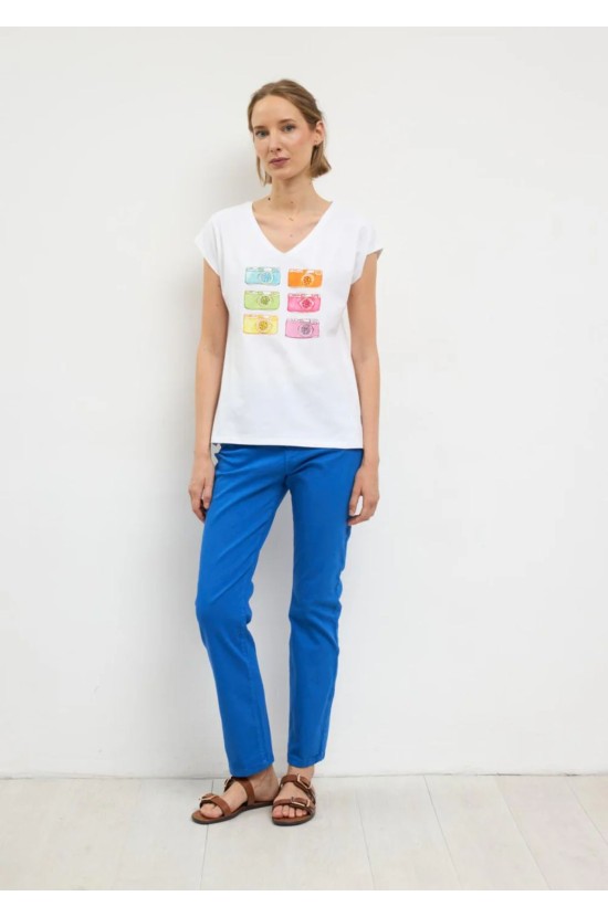 Λευκό T-shirt με Πολύχρωμο Print Κάμερες