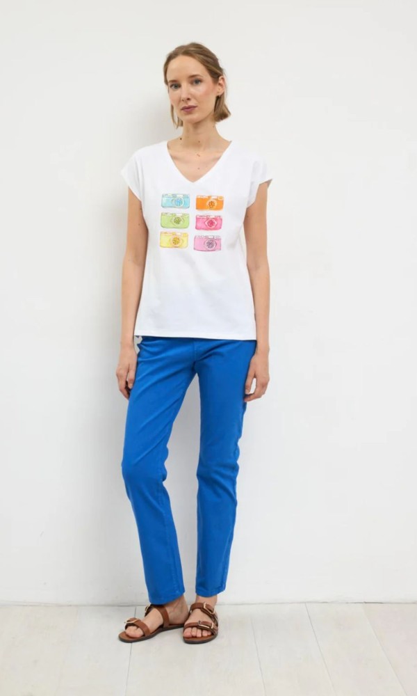 Λευκό T-shirt με Πολύχρωμο Print Κάμερες