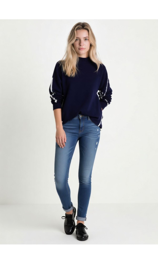 Πλεκτή Μπλούζα Μπλε Navy με Λευκές Λεπτομέρειες