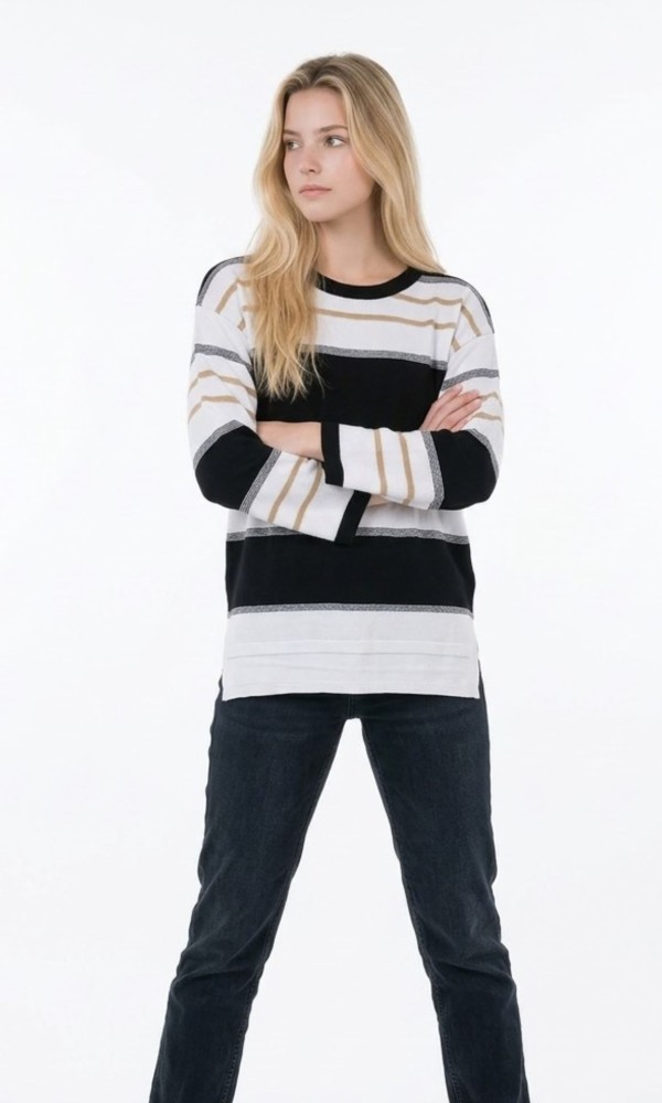 Πλεκτή Ριγέ Μπλούζα Με Μακριά Μανίκια