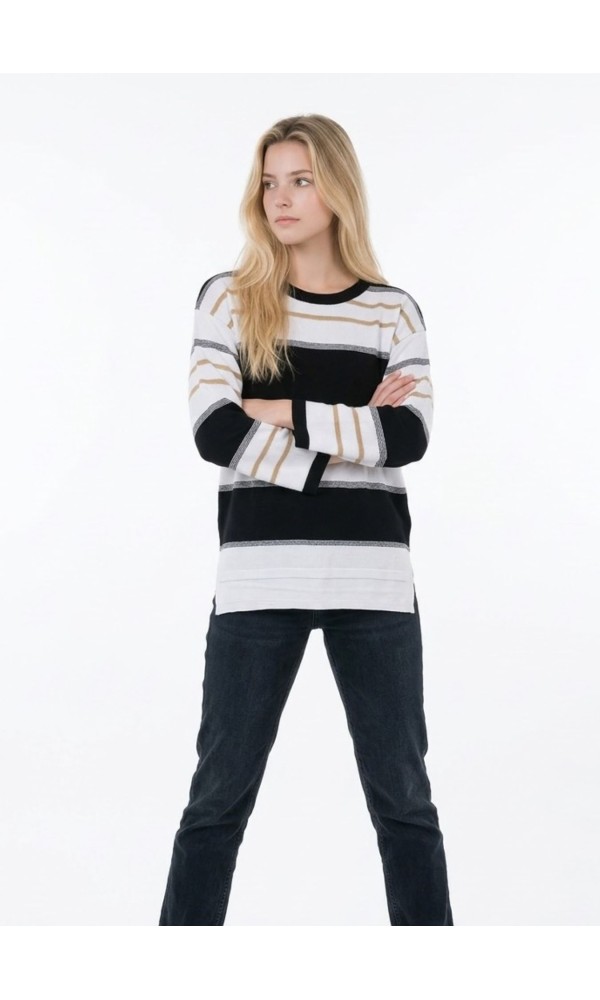 Πλεκτή Ριγέ Μπλούζα Με Μακριά Μανίκια