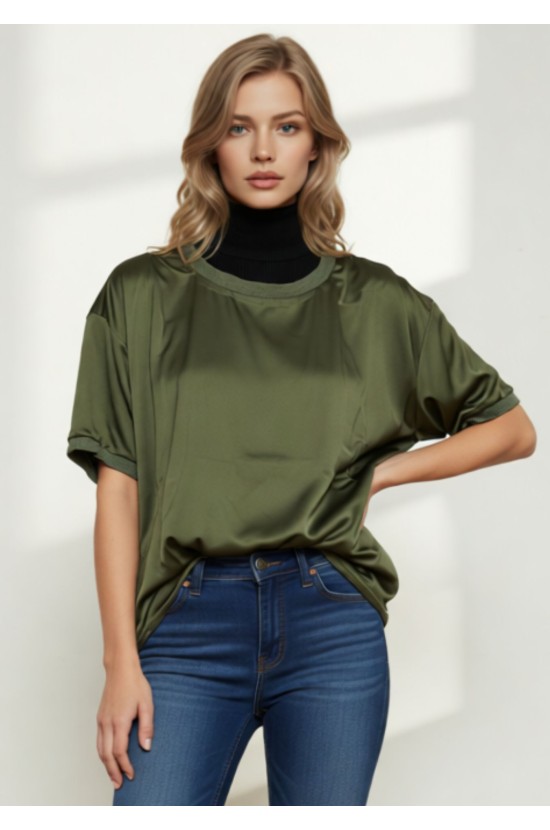 Σατέν Λαδί Μπλούζα Με Λάστιχο Λαιμό Σατέν Λαδί Μπλούζα Με Λάστιχο Λαιμό