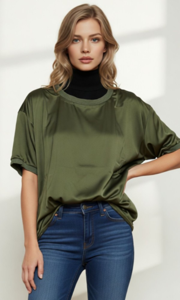 Σατέν Λαδί Μπλούζα Με Λάστιχο Λαιμό