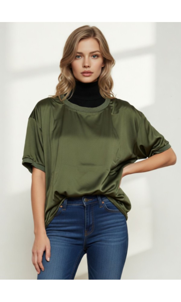 Σατέν Λαδί Μπλούζα Με Λάστιχο Λαιμό