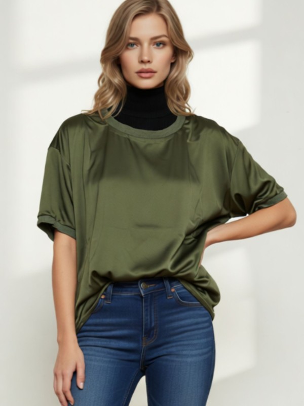 Σατέν Λαδί Μπλούζα Με Λάστιχο Λαιμό